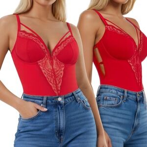 NWT Popilush Red Lace Strappy Tummy Control Shapewear Bodysuit - Small‎